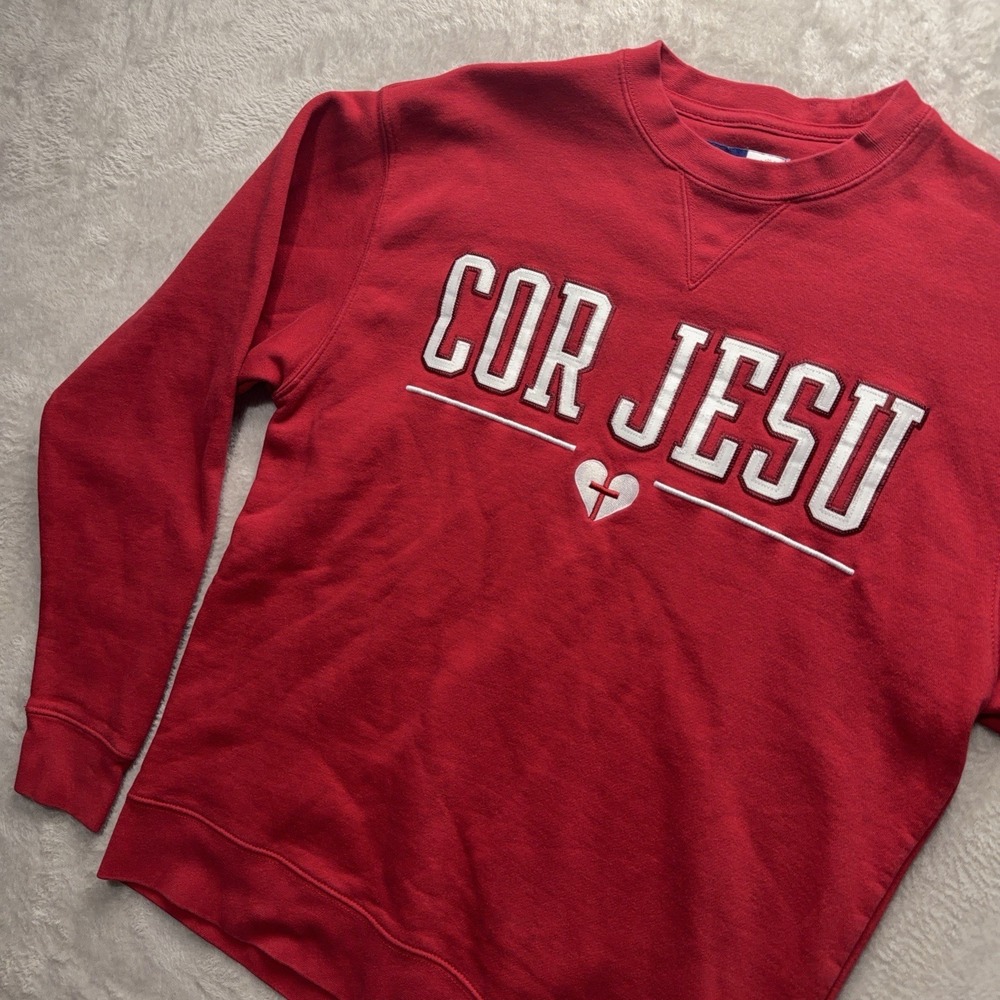 Cor Jesu Big Cotton Sweatshirt Mens M Red Crewneck Embroidered Spellout Pullover - Picture 7 of 12